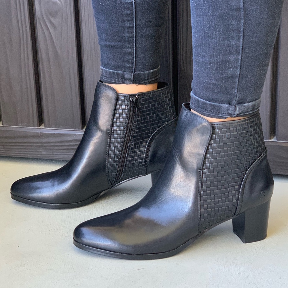 Black Woven Details Genuine Leather Ankle Boots - Picture 1 of 8